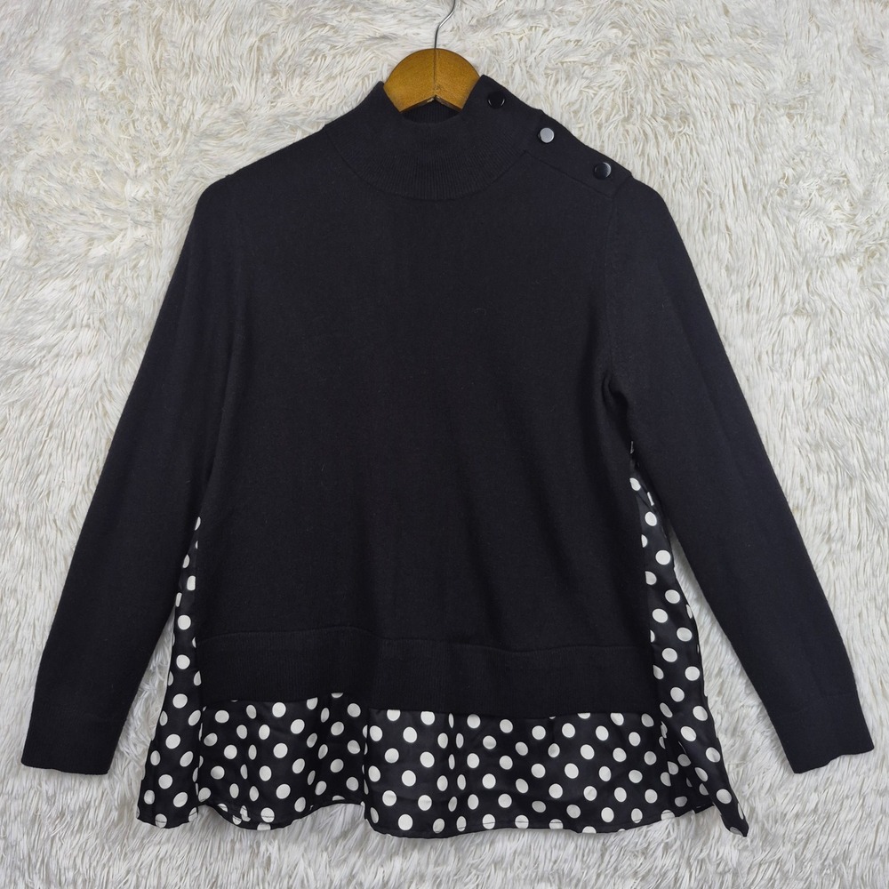 Kate Spade Black Polka Dot Mixed Media Mock Neck Wool Silk Blend Sweater Sz S